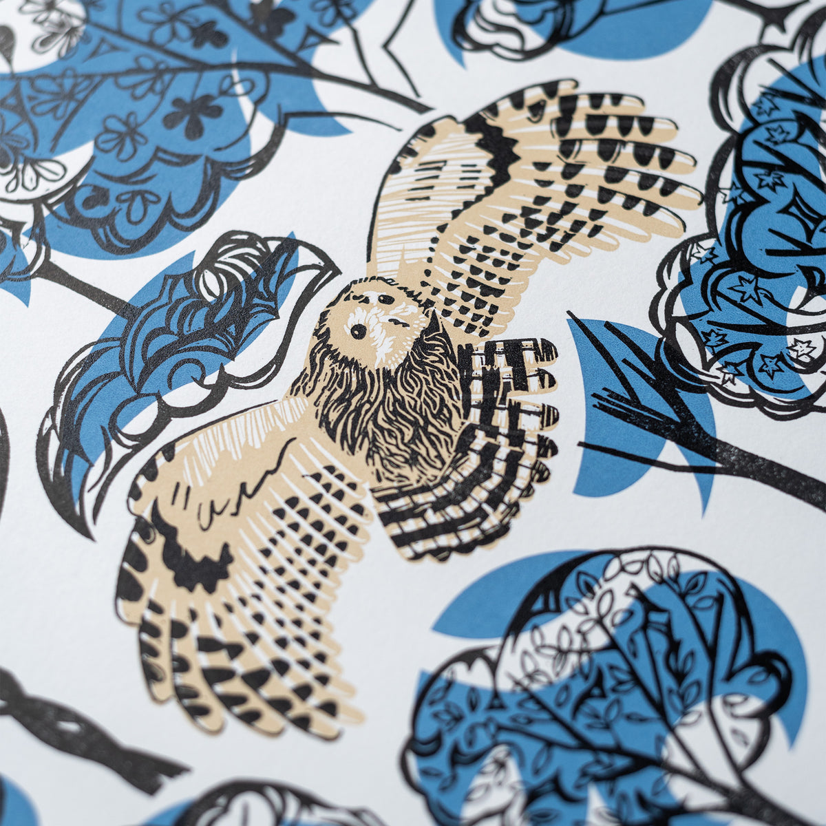 This Tawny Owl linocut and screen print detail shows a Tawny Owl flying.