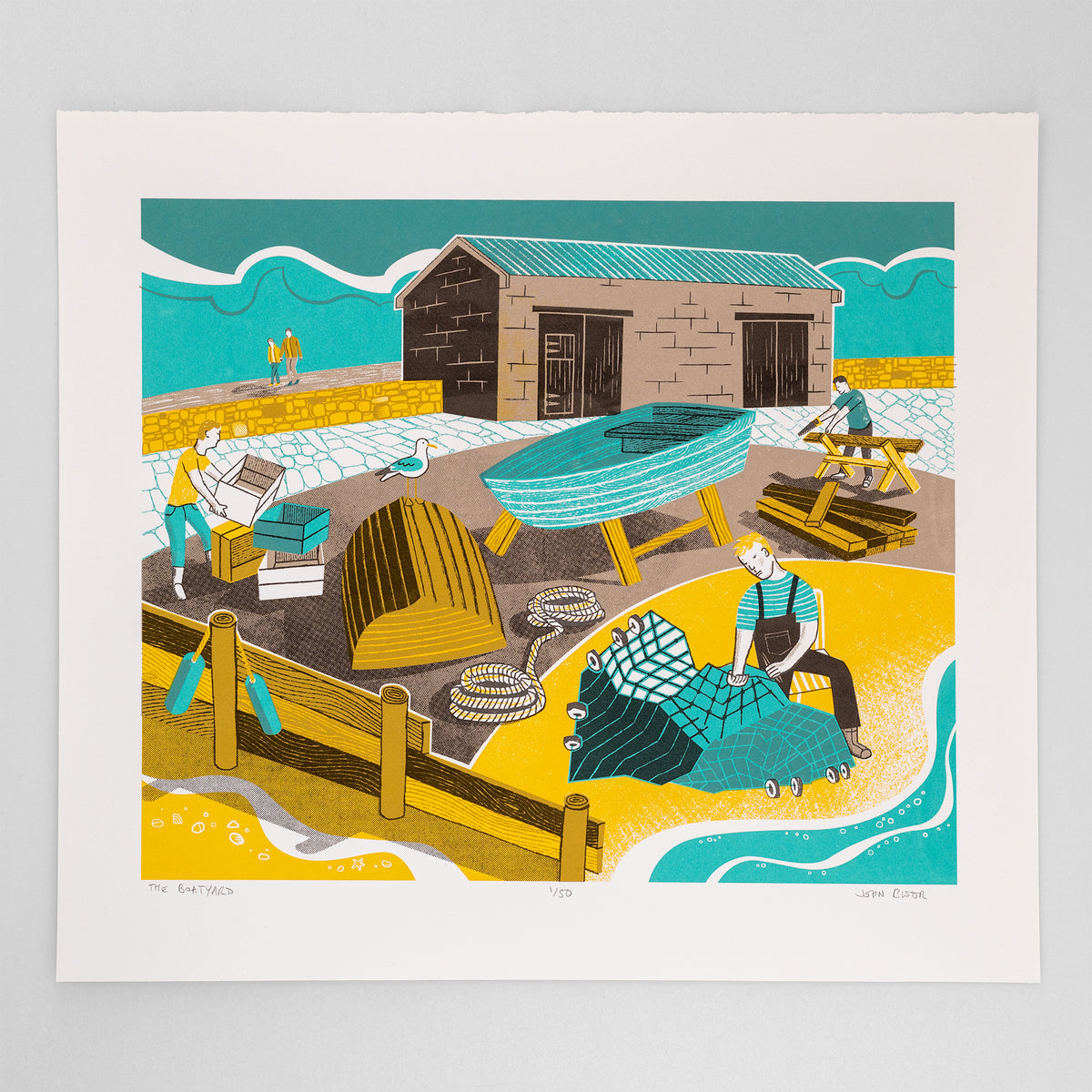 This "The Boatyard" hand pulled screen print depicts fishermen working on boats and nets on a beach. It is inspired by harbours we have visited in Cornwall and beyond. 