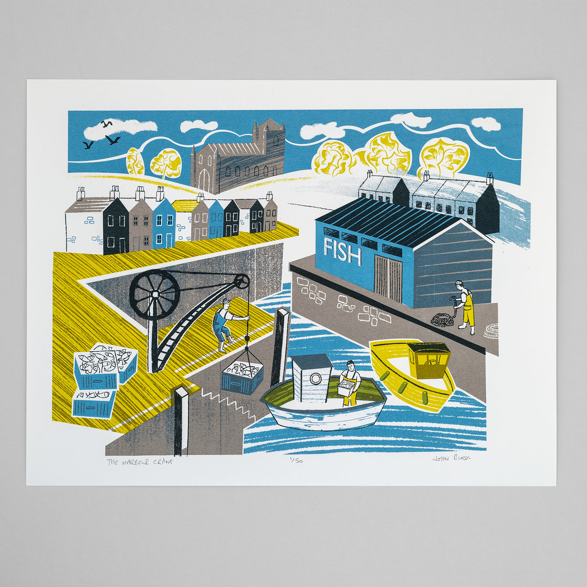 The Harbour Crane hand pulled screen print depicting fishermen working in a harbour, unloading a boat using a crane.