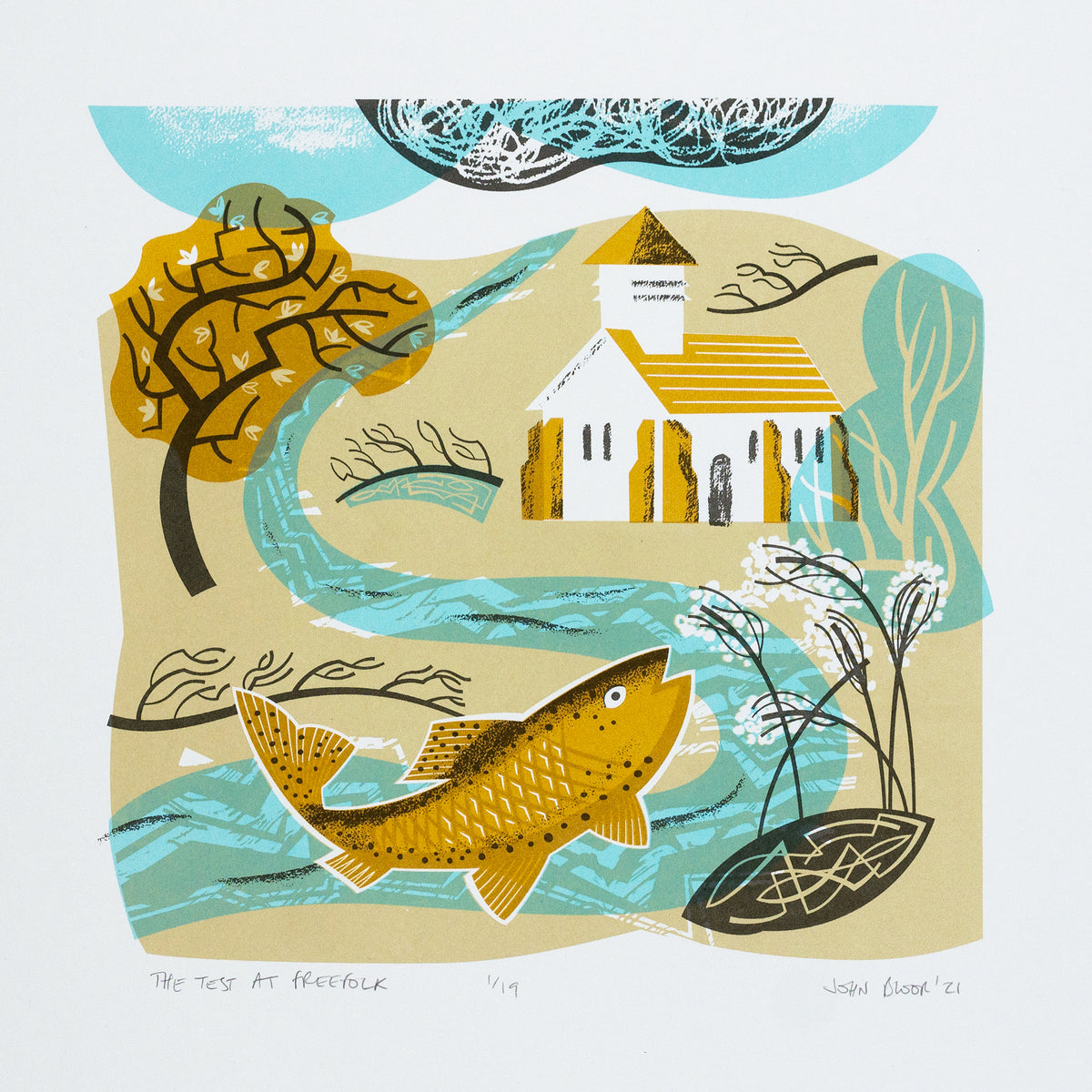 The Test at Freefolk screenprint is inspired by the river Test and features a tiny white church next to the river. It also features one of the river's trout.