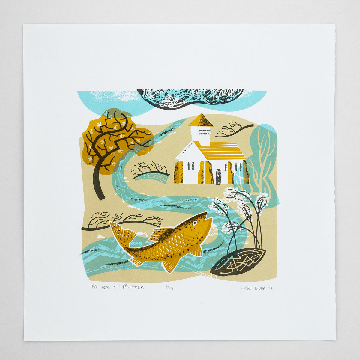 The Test at Freefolk screenprint is inspired by the river Test and features a tiny white church next to the river. It also features one of the river's trout.