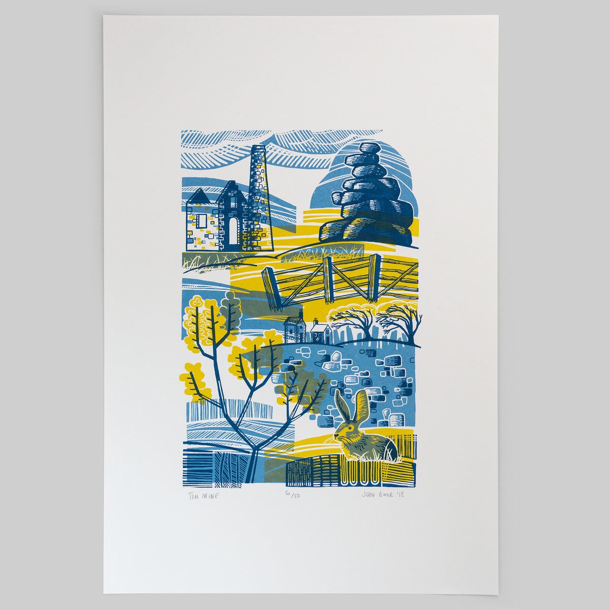 Tin Mine screenprint. It depicts a tin mine in an abstract scene, with a rock stack, fence, gorse, a rabbit, dry stone wall, houses and wind blown trees. 