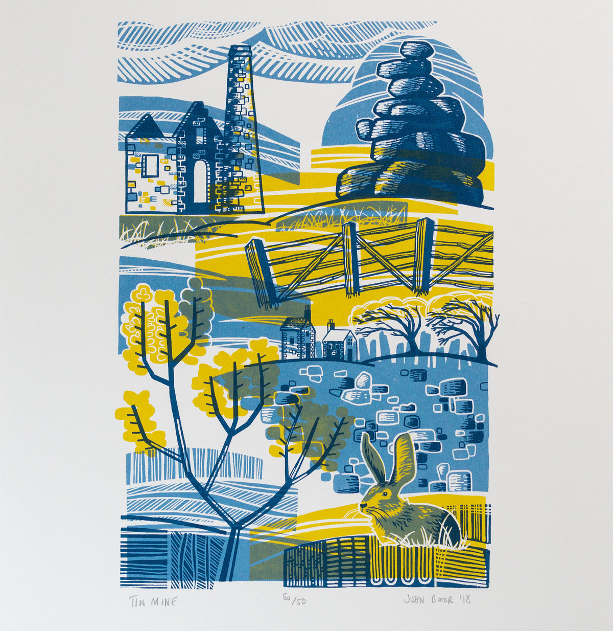 Tin Mine screenprint. It depicts a tin mine in an abstract scene, with a rock stack, fence, gorse, a rabbit, dry stone wall, houses and wind blown trees. 