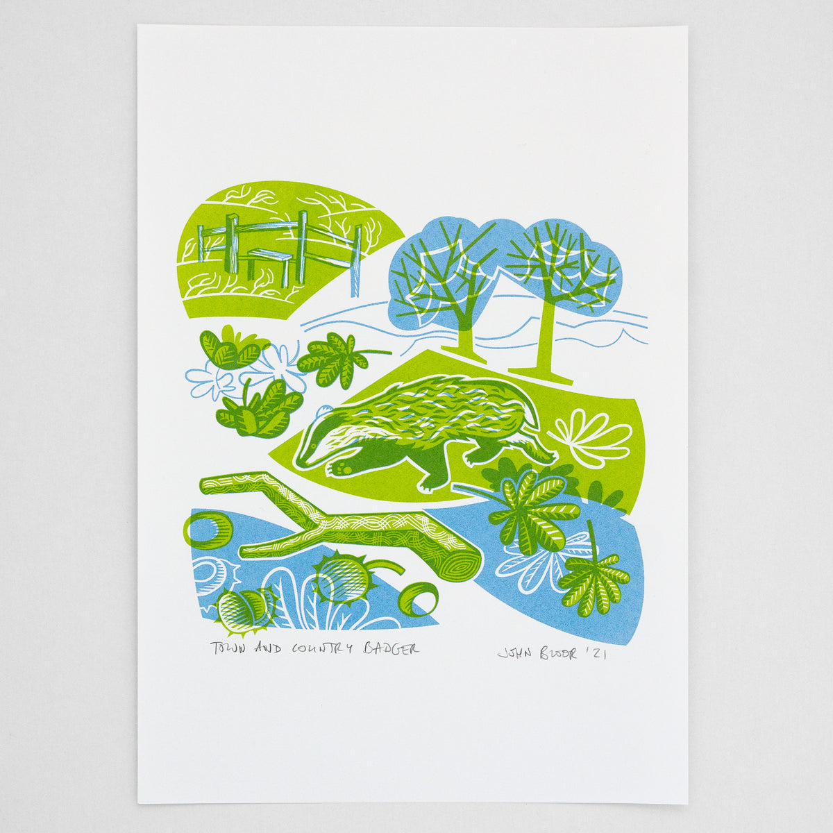 A screenprint in green and blue showing a badger running along between fallen leaves, trees and treetrunks.