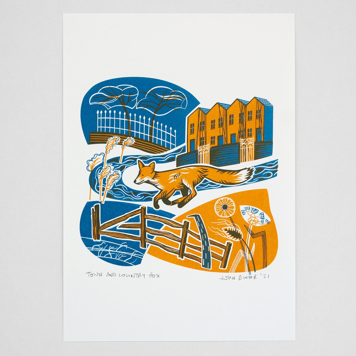 A screenprint in orange and blue showing a fox running between a row of houses, railings and a fence.