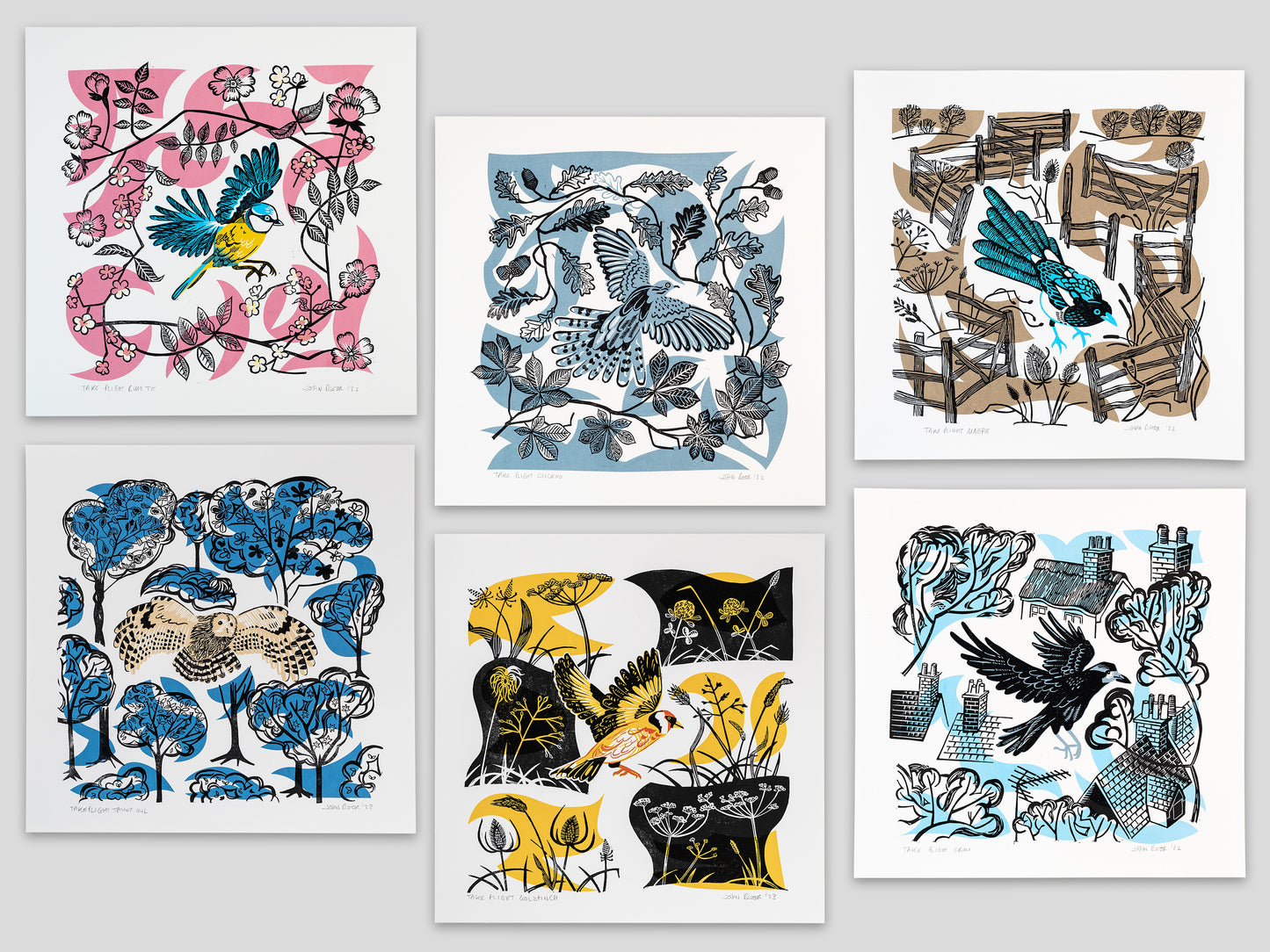 Set of all six Take Flight hand printed unframed linocut and screen prints
