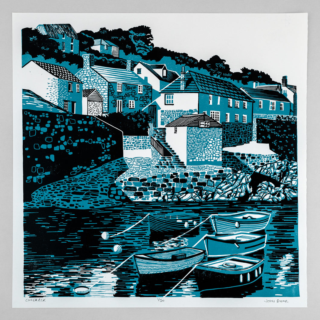 Coverack, Cornwall, zweifarbiger Linoldruck in limitierter Auflage 