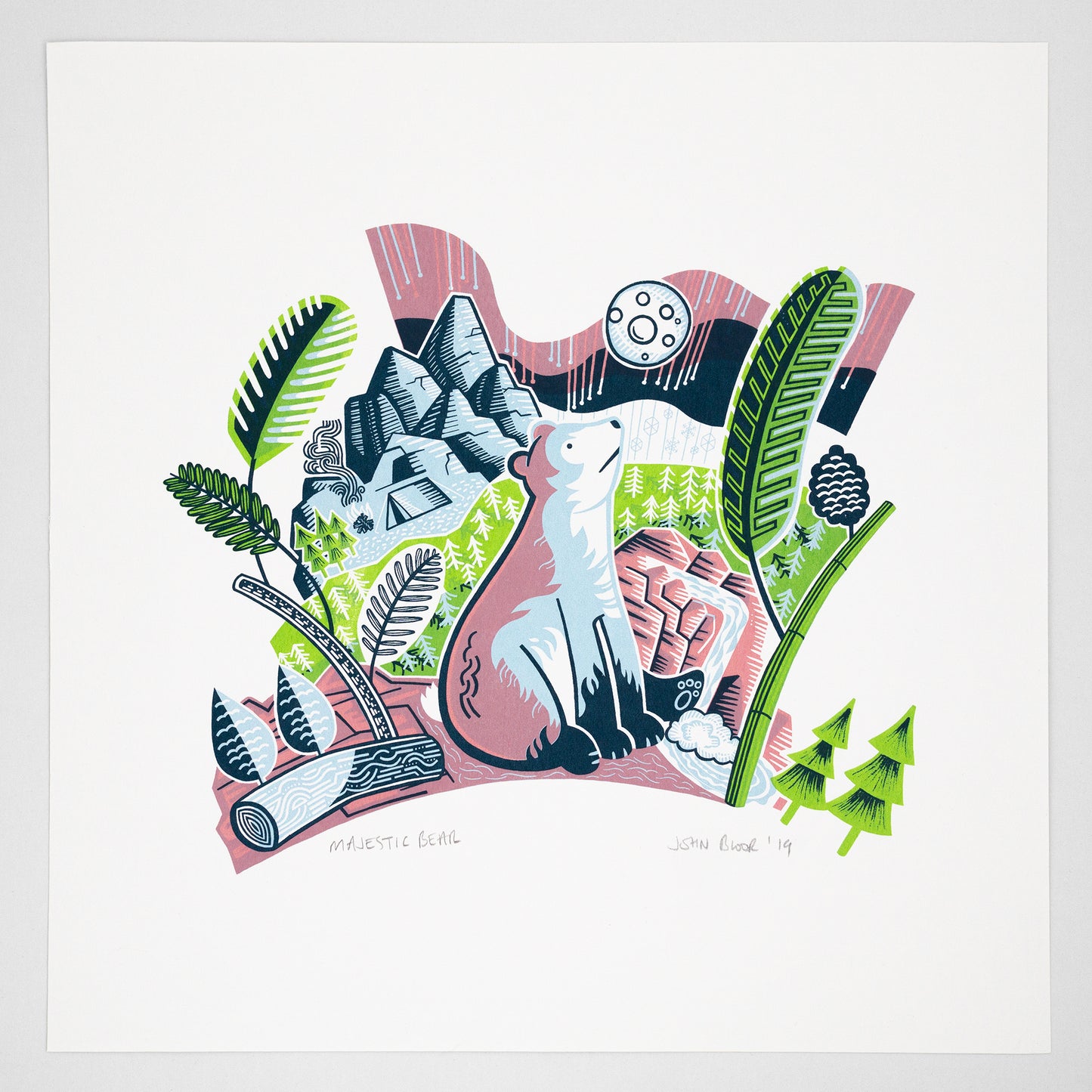 Handgezogener Siebdruck „Majestic Bear“. 