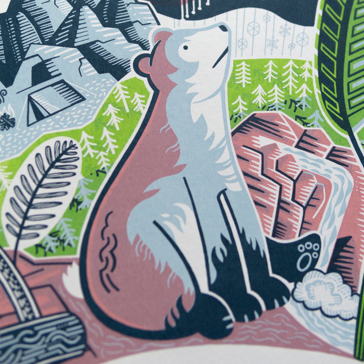 Handgezogener Siebdruck „Majestic Bear“. 