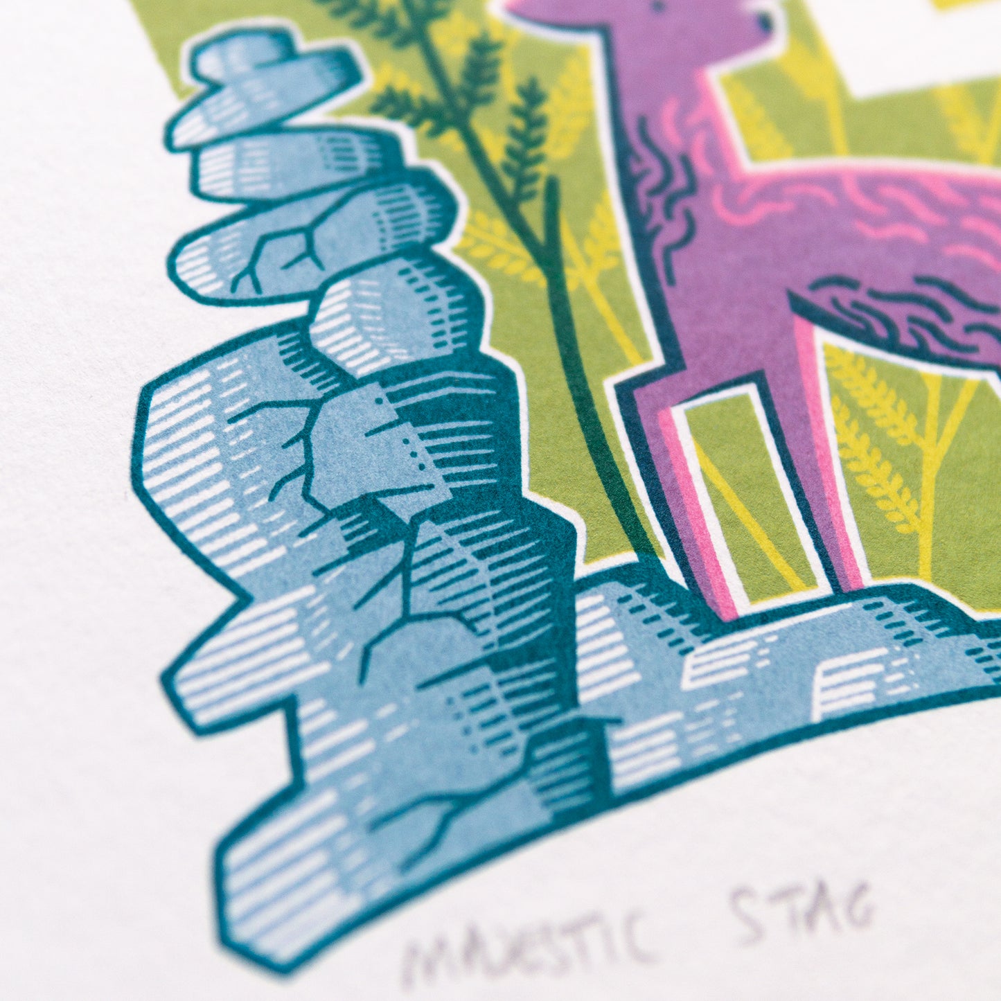 Handgezogener Siebdruck „Majestic Stag“. 