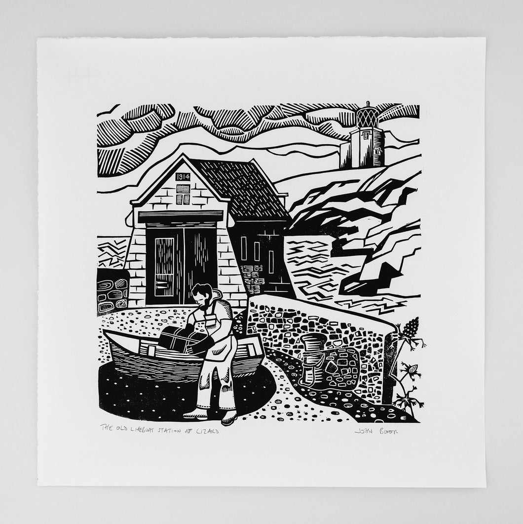 The Old Lifeboat Station at Lizard, Cornwall, linocut